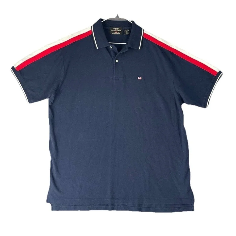 VTG Men's Polo Jeans‎ Co. Ralph Lauren Navy Polo Shirt Shoulder Racing Stripes L
